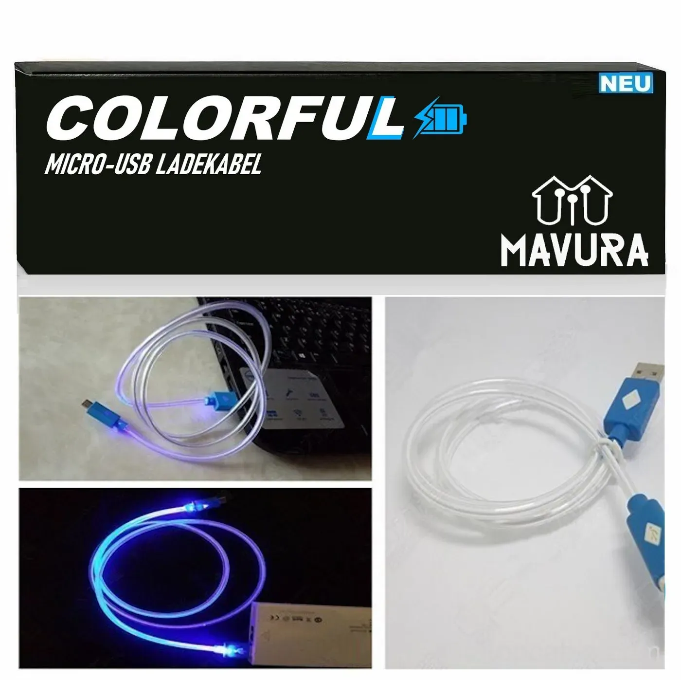 MAVURA COLORFUL MICRO USB LED Ladekabel Datenkabel Leuchtkabel 1m Smartphone-Kabel, USB, Kabel
