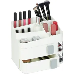 Relaxdays Make Up Organizer, 21 Fächer, Kosmetik Aufbewahrung, Kunststoff, HxBxT: 21,5x26x21 cm, Kosmetikorganizer, weiß