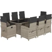 VidaXL 9-tlg. Garten-Essgruppe mit Kissen Hellgrau Poly Rattan