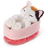 NICI Kuscheltier Sleeping Kitties Katze 12cm, Creme, im rot-rosanen Körbchen