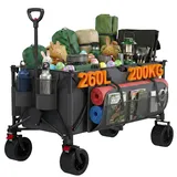 Devoko Bollerwagen Faltbar bis 200 kg, Faltbarer Bollerwagen klappbar 260L, mit 3 Staufächern, XXL Klappbarer Bollerwagens Strand, Handwagen Faltbollerwagen, Zeitungswagen zum austragen, Grau