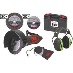 3M Cubitron II Trennschleifer-Set 1x 3M Trennschleifer 100 mm, 20x 3M Trennscheiben 100 mm, 10 mm Loch, 1 mm Dicke, 20x 3M Trennscheiben 75 mm, 10 mm Loch, 1 mm Dicke, 1x 3M Kapselgehörschutz X4A, SNR 33 dB, 1x 3M Schutzbrille, 1x 3M Etui, 1x Koffer