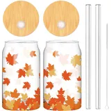 Whaline 2 Stück Herbst-Trinkgläser, 473 ml, Ahornblatt, Glasbecher, Herbstblätter, Eiskaffeetasse mit Deckel, Strohhalm, Reinigungsbürste, Bierdosen, Glas für Herbst, Erntedankfest, Cocktail, Whiskey,