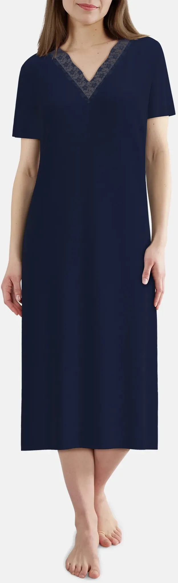 Nachthemd GÖTZBURG, Damen, Gr. 44, N-Gr, blau (blau, mittel, uni), Single Jersey, Obermaterial: 60% Baumwolle, 40% Polyester, bequem lang, V-Ausschnitt, gerader Abschluss, Kleider Nachthemd, lang, Kurzarm, V-Ausschnitt, Baumwollmix