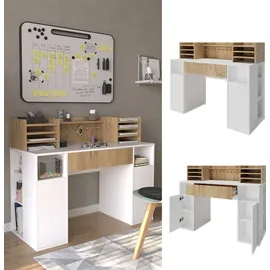 Vicco Schreibtisch Basteltisch XL 126.8 x 50 cm, Weiß Sonoma mit Regale, Schubfach