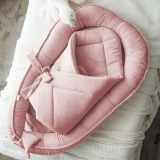 PALULLI® Set 2in1 Babynest und Einschlagdecke, 100% Musselinn, Baby Nestchen Set, Babynestchen - Baby Erstausstattung Babynestchen Neugeborene, Baby nestchen Junge - mädchen (Rosa)