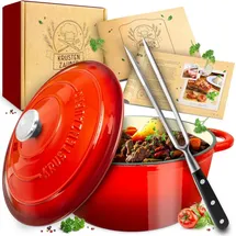 krustenzauber Gusseisen Topf [inkl. Fleischgabel] - 26cm Schmortopf backofengeeignet - Idealer Bräter mit Deckel Backofengeeignet, Kochtopf Induktion, Emaille, Bratentopf Cast Iron