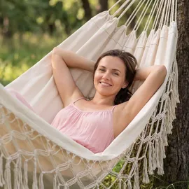 outtec Outtec® Hängematte - 200x150 cm, bis 200kg - Boho Baumwoll Hammock für Outdoor, Garten, Balkon, - für Kinder und Erwachsene, Beige
