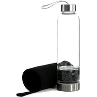 Intirilife Trinkflasche Wasserflasche mit Heilsteinen und schwarzer Tasche - Schwarzer Obsidian - 400 ml Füllmenge - Flasche mit Edelsteinen Mineralsteinen