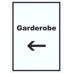 Garderobe Schild mit Text Richtungspfeil links Kleidung aufbewahren hochkant A4 (210x297mm)