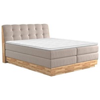 Boxspringbett, Beige, Textil, Eiche, massiv, H3, 7-Zonen, Höhe ca. 20 cm, 160x200 cm, Fsc, Bettkasten, Matratze, gepolstertes Kopfteil, Topper durchgehend, Schlafzimmer, Betten, Doppelbetten