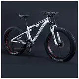 NENGGE Mountainbike Fatbike 26 Zoll Mountainbike, 7/21/24/27/30 Gang-Schaltung Erwachsene Fette Reifen Fahrrad, Rahmen Kohlenstoffstahl, Herren Damen Vollfederung Bike,White Spoke,27 Speed