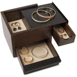 Umbra Tesora Schmuckbox, Halsketten- und Ohrringhalter, Accessoire-Organizer mit zwei stapelbaren Holzfächern und Metalldeckel, Walnuss/Schwarz