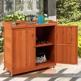 Gartenschrank Holz, Lagerschrank Garten, Holzschrank Mit Herausnehmbarem Regal, Stahl-platte, Geräteschrank Auf Rollen, Gerätehaus Geräteschuppen, Schuppen Schrank, 98,5x48x100cm - Costway