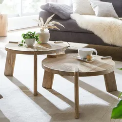 Kadima Design 2er Set Couchtische `Helen`: Mango Massivholz, unterschiedliche Größen, Messing Zierstreifen, handgefertigt. Beige, 53x53x32 cm