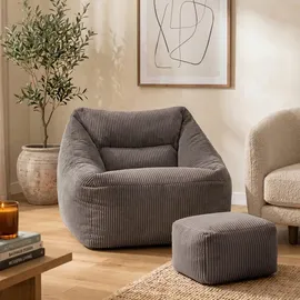 I.C.O.N. icon Sitzsack Riesen Sessel aus Cord Flauschig „Natalia" mit Hocker (Spar-Set, 1 x Sitzsack-Sessel, 1 x Fußhocker), Sitzsack XXL, Made in Germany, für Erwachsene & Kinder, für Wohnzimmer grau