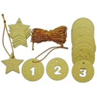 24 gestanzte Adventskalenderzahlen - gold - aus stabilem goldenen Papier inkl. 8 Meter Schnur + 6 Stern Anhänger / Weihnachtsanhänger/ Weihnachts...