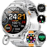 HIRREO EF24 Herren Smartwatch Militär mit LED-Taschenlampe, 1,85 Zoll HD Fitnessuhr, 1000mAh Akku, 100 Sportmodi, IP68 Wasserdicht, 3 Armbänder, USB- und Typ-C-Ladekabel, für Android iOS, Silber