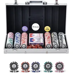 VEVOR Kunststoff Pokerchip-Set, 300-teiliges Pokerset, Komplettes Pokerspielset mit Alu-Pokerkoffer, Karten, Knöpfe und Würfel, Komplett Set 7-8 Spieler für Texas Hold'em, Blackjack, Glücksspiel usw.