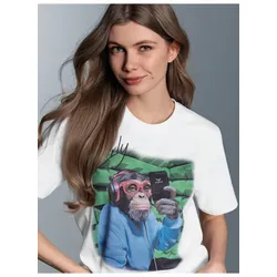 T-Shirt TRIGEMA "TRIGEMA T-Shirt trigema Affe Charly Podcast", Damen, Gr. XXL, weiß, 100% Baumwolle, Basic, Halbarm, Shirts