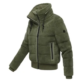 Navahoo Damen Teddy-Fleecejacke warme Winterjacke Plüschjacke mit Rippstrickdetails Schneepuder 14 Olive Leaf Gr. XL - XL