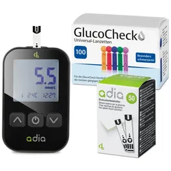 adia Blutzuckerteststreifen (60 Stück) mit Messgerät (mmol/L) und 110 Lanzetten als Komplett-Set 1 St