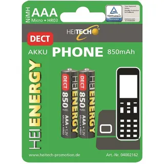 Heitech vorgeladener 2er Pack NIMH-Akku Micro/AAA/HR 03 850 mAh 1,2V NiMH - für DECT Schnurlostelefon mit geringer Selbstentladung - Akkus für Geräte mit hohem Stromverbrauch