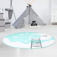 Kinderteppich Bueno Konturenschnitt mit Mond Wolken Sterne in Mint-Türkis Creme für Kinderzimmer; Größe: 160x160 cm Rund