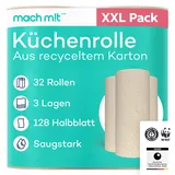 32 x Küchenrolle 3-lagig - 128 Halbblatt pro Rolle – frei von Bleichmitteln – Made in Germany - aus recyceltem Karton – extra saugstark & umweltschonend - recycelbar – Küchenpapier – mach m!t Pure