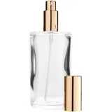 Fantasia Parfum Flakon leer 100ml mit Zerstäuberpumpe, ovale Klarglas Flasche zum selber Befüllen, mit Parfum Zerstäuber und Kappe in Gold, nachfüllbar für 100ml (1er Pack)