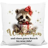 True Statements Weihnachtskissen personalisiert „Frohe Weihnachten!“ Waschbär-Motiv - 40x40cm, inkl. Kissen-Füllung – Deko Zierkissen Geschenk Weihnachten (Flauschiges Kissen)