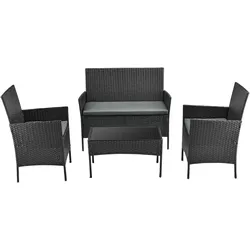 UAC Garten Lounge Set Polyrattan Gartenmöbel Set inkl. Sitzkissen, Gartensitzgruppe, Stahlgestell, Schwarz