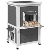 PawHut Katzen-Zubehör Weiß, Holz, 2-Stöckige Katzenhütte, Katzenhöhle mit Türvorhang, Erhöhtem Design, für Garten, Balkon,