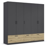 Rauch Drehtürenschrank 5-türig, Farbe Grau-metallic/Eiche Artisan, 3 Schubkästen Griffe Grau-metallic,226x210x54cm