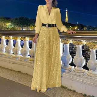 CNANRNANC Langarm Kleid Damen, V Ausschnitt Kleid, Damen Lange Ärmel Midikleid Abendkleid Fließende kleider, Paillettenspleiß für Damen, Jumpsuit mit weitem Bein(2XL Gold)