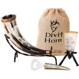 Divit Echtes Wikinger-Trinkhorn, Hornschuss, Flaschenöffner (3 Pc. Set) | Authentisches mittelalterliches Biertrinkhorn | Leinen-Geschenkbeutel inclusive. (16 oz, Dragon, Polished)