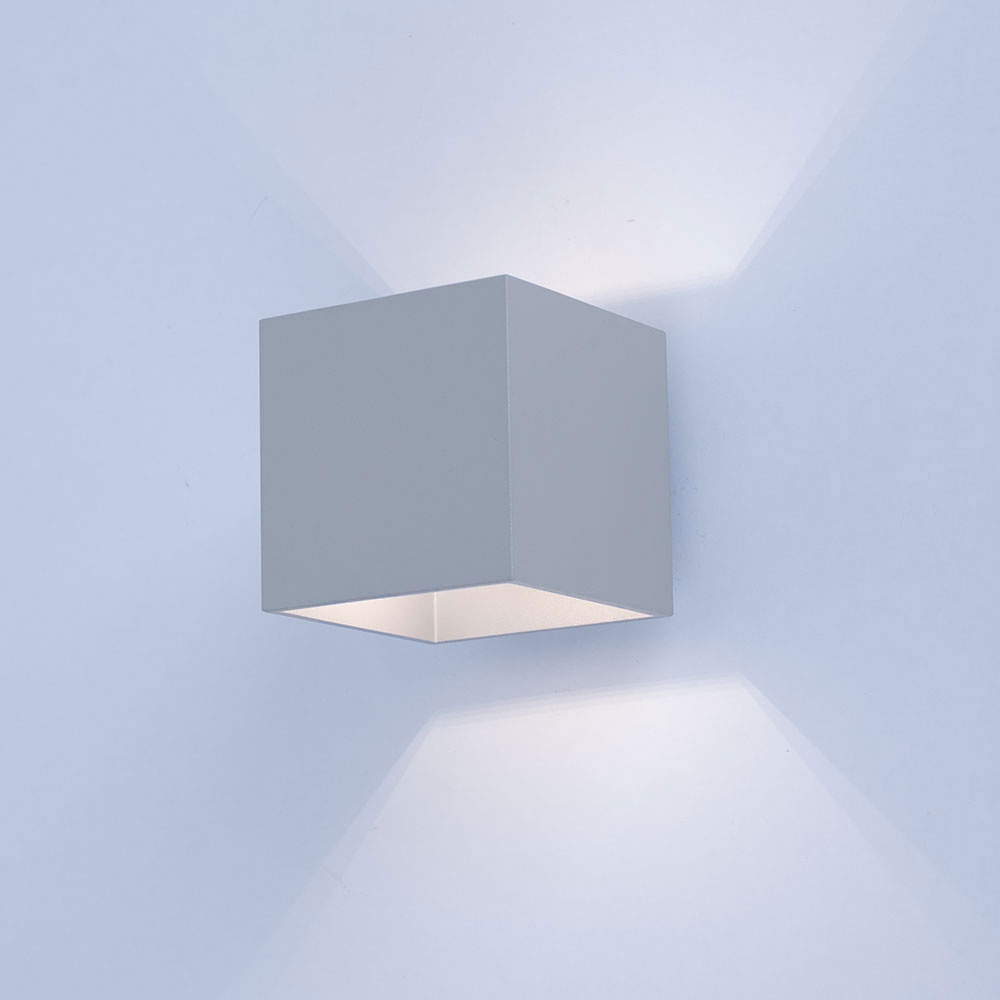 Wandleuchte Innen Treppenhaus Lampe Wandlampe Flur, Up and Down Lichteffekt, Würfel Form, Aluminium grau, 1x G9, L 10 cm, Schlafzimmer