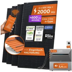 Solarway® 2000Wp / 800W Balkonkraftwerk mit 5,4kWh Speicher komplett Steckdose - 5,4 kWh Anker Solix 3 PRO Speicher - Solaranlage Komplettset - 500W Solarmodule & Anker Speicher & Zubehör - Ziegeldach Halterung