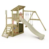 FATMOOSE Spielturm Klettergerüst FruityForest mit Schaukel & Rutsche, Kletterturm mit Sandkasten, Leiter & Spiel-Zubehör – Salbeigrün - FATMOOSE