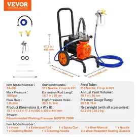 Vevor Airless-Farbspritzgerät mit Membran, 900 W effizientes Airless-Farbspritzgerät mit Wagen, 1800 psi Airless-Farbspritzgerät, mit Verlängerungsstang, 1,8 L/min Hochdruck Airless Farbspritzgerät Farbe Airless Sprayer 900W