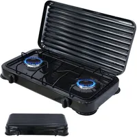Gaskocher 2 flammig mit Deckel Camping Kochfeld Herd Outdoor Schwarz Metall Blackout Notfallausrüstung Zelten lpg Propangas Gasflasche Gasherdkreuz