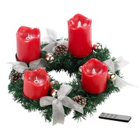 Britesta Adventsdeko-Kerzen-Kranz: Adventskranz, silbern, 4 rote LED-Kerzen mit bewegter Flamme (Adventskränze künstliche Kerzen, Gestecke LED-Kerze, Kabellose Weihnachtskerzen)