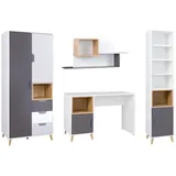 Deine Möbel 24 Jugendzimmer-Set JUSTIN 4 Jugendzimmer Jugendmöbel Kinderzimmer Set komplett 4-teilig, (Set (2 + 14 + 12 + 4), 4-tlg., Weiß / Graphit / Grau / Eiche), bestehend aus Kleiderschrank, Hängeregal, Schreibtisch, Regal grau