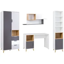 Deine Möbel 24 Jugendzimmer-Set JUSTIN 4 Jugendzimmer Jugendmöbel Kinderzimmer Set komplett 4-teilig, (Set (2 + 14 + 12 + 4), 4-tlg., Weiß / Graphit / Grau / Eiche), bestehend aus Kleiderschrank, Hängeregal, Schreibtisch, Regal grau