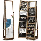 COSTWAY Schmuckschrank, Spiegelschrank mit Ganzkörperspiegel und eingebauter Make-up-Spiegel, 360° drehbar, abschließbar, stehend, Schmuckaufbewahrung, Schmuck-Organizer mit Schlüsseln (Braun)