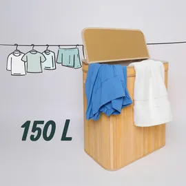 Relaxdays Wäschekorb mit Deckel, Bambus, 150 l, 3 Fächer, HxBxT: 61,5 x 61 x 41,5 cm, Badezimmer Wäschetruhe, Natur