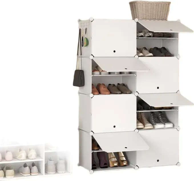 WOLTU Schuhregal mit 8 Fächern, Schuhaufbewahrung für 32 Paar Schuhe, Schuhschrank für Flur Wohnzimmer Schlafzimmer, Schuhorganizer mit Türen, aus modularen PP-Platten, Weiß
