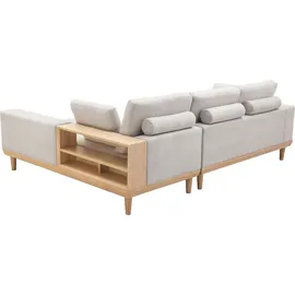 miliboo Ecksofa rechts 5-Sitzer mit Stauraum beiger Stoff mit strukturiertem Samteffekt und helles Holz KOMAO
