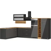 kochstation Winkelküche L-Form 340 cm grau hochglanz