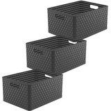 Rotho Country 3er-Set Aufbewahrungsbox Rattan-Optik, Kunststoff (PP) BPA-frei, anthrazit, 3 x A4+/28l, (43 x 33 x 21,5 cm), 3